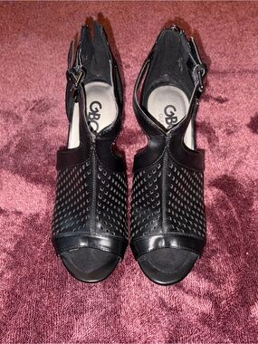 G by Guess Black Perforated Peep-Toe Ankle Strap Heels